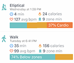 Example of two exercise summaries in the Fitbit app - an elliptical workout and a walk